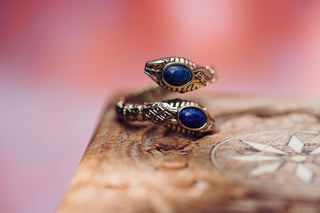 Lapis Lazuli Snake Ring, Two Snake Head Brass Ring, Wrap Around Snake Ring