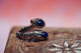 Lapis Lazuli Snake Ring, Two Snake Head Brass Ring, Wrap Around Snake Ring