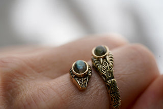 Labradorite Snake Ring, Two Snake Head Brass Ring, Wrap Around Snake Ring