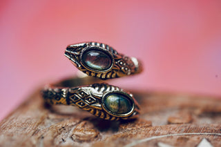 Labradorite Snake Ring, Two Snake Head Brass Ring, Wrap Around Snake Ring