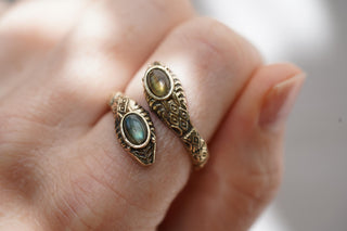 Labradorite Snake Ring, Two Snake Head Brass Ring, Wrap Around Snake Ring