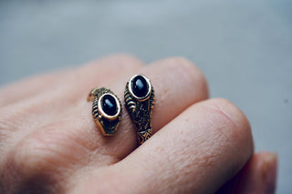 Black Onyx Snake Ring, Two Snake Head Brass Ring, Wrap Around Snake Ring