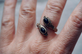 Black Onyx Snake Ring, Two Snake Head Brass Ring, Wrap Around Snake Ring