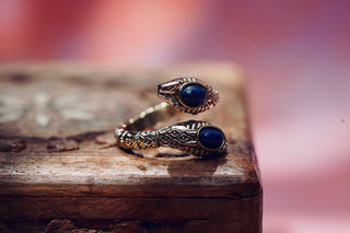 Black Onyx Snake Ring, Two Snake Head Brass Ring, Wrap Around Snake Ring