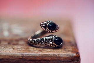 Black Onyx Snake Ring, Two Snake Head Brass Ring, Wrap Around Snake Ring