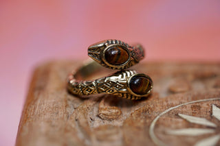 Tiger Eye Snake Ring, Two Snake Head Brass Ring, Wrap Around Snake Ring