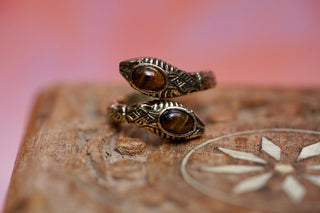 Tiger Eye Snake Ring, Two Snake Head Brass Ring, Wrap Around Snake Ring