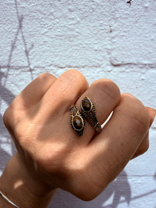 Tiger Eye Snake Ring, Two Snake Head Brass Ring, Wrap Around Snake Ring