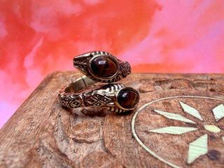 Tiger Eye Snake Ring, Two Snake Head Brass Ring, Wrap Around Snake Ring