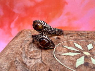 Tiger Eye Snake Ring, Two Snake Head Brass Ring, Wrap Around Snake Ring