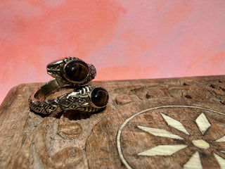 Tiger Eye Snake Ring, Two Snake Head Brass Ring, Wrap Around Snake Ring