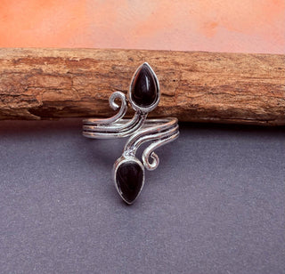Silver Spiral Black Onyx Adjustable Ring, Non Tarnish Ring, One size bohemian Ring for Her