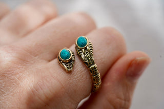 Turquoise Snake Ring, Two Snake Head Brass Ring, Wrap Around Snake Ring