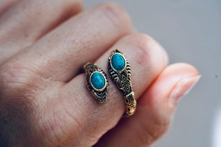 Turquoise Snake Ring, Two Snake Head Brass Ring, Wrap Around Snake Ring