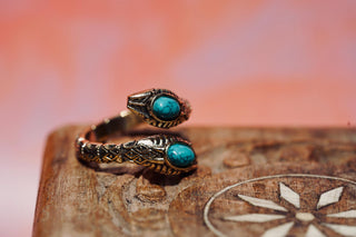 Turquoise Snake Ring, Two Snake Head Brass Ring, Wrap Around Snake Ring