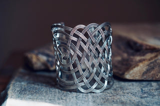 Large Woven Silver Cuff Bracelet, Boho Cuff Bracelet, Cosplay Jewellery, Celtic Knotwork
