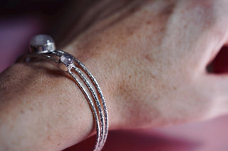 Triple Rose Quartz Hammered Silver Bracelet , Three Bangles Stacked,