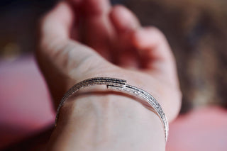 Triple Rose Quartz Hammered Silver Bracelet , Three Bangles Stacked,