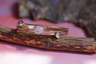Golden Brass Triple Rose Quartz Bracelet, Three Bangles in One Stacked Bohemian Style Bracelet for Women