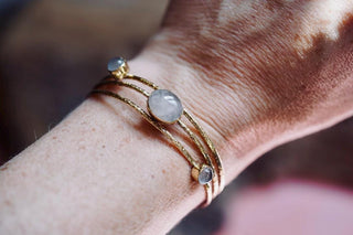Golden Brass Triple Rose Quartz Bracelet, Three Bangles in One Stacked Bohemian Style Bracelet for Women