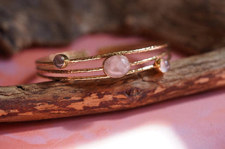 Golden Brass Triple Rose Quartz Bracelet, Three Bangles in One Stacked Bohemian Style Bracelet for Women
