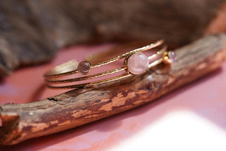 Golden Brass Triple Rose Quartz Bracelet, Three Bangles in One Stacked Bohemian Style Bracelet for Women