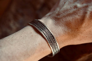 Silver Boho Cuff Bracelet, Textured Beaded Bracelet, Bohemian Jewellery Gift for Her