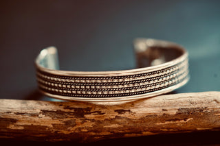 Silver Boho Cuff Bracelet, Textured Beaded Bracelet, Bohemian Jewellery Gift for Her