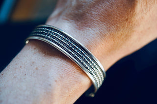 Silver Boho Cuff Bracelet, Textured Beaded Bracelet, Bohemian Jewellery Gift for Her