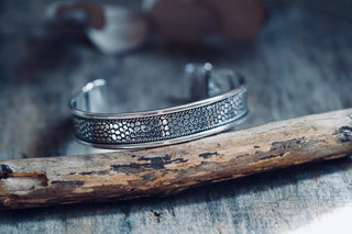 Silver Boho Cuff Bracelet, Textured Beaded Bracelet, Bohemian Jewellery Gift for Her