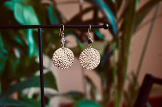 Amethyst Hammered Brass Dangle Earrings, Statement Dangle Earrings, Unique Pendant Earrings
