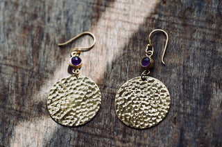 Amethyst Hammered Brass Dangle Earrings, Statement Dangle Earrings, Unique Pendant Earrings