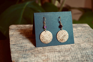 Amethyst Hammered Brass Dangle Earrings, Statement Dangle Earrings, Unique Pendant Earrings