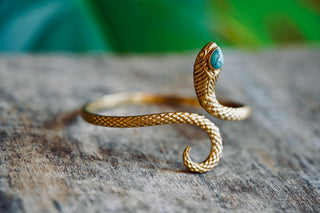 Snake Bracelet Turquoise Brass Bangle – Boho Cuff with Turquoise Gemstone – Adjustable Statement Jewellery Gift for Her