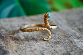 Snake Bracelet Turquoise Brass Bangle – Boho Cuff with Turquoise Gemstone – Adjustable Statement Jewellery Gift for Her
