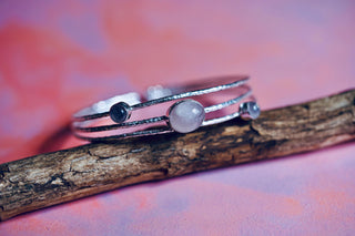 Triple Rose Quartz Hammered Silver Bracelet , Three Bangles Stacked,