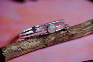 Triple Rose Quartz Hammered Silver Bracelet , Three Bangles Stacked,