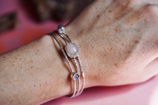 Triple Rose Quartz Hammered Silver Bracelet , Three Bangles Stacked,