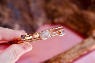 Golden Brass Triple Rose Quartz Bracelet, Three Bangles in One Stacked Bohemian Style Bracelet for Women
