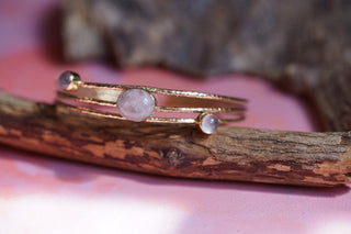 Golden Brass Triple Rose Quartz Bracelet, Three Bangles in One Stacked Bohemian Style Bracelet for Women