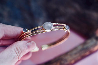 Golden Brass Triple Rose Quartz Bracelet, Three Bangles in One Stacked Bohemian Style Bracelet for Women