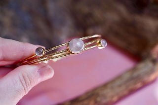 Golden Brass Triple Rose Quartz Bracelet, Three Bangles in One Stacked Bohemian Style Bracelet for Women