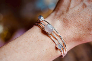 Golden Brass Triple Rose Quartz Bracelet, Three Bangles in One Stacked Bohemian Style Bracelet for Women