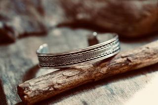 Silver Boho Cuff Bracelet, Textured Beaded Bracelet, Bohemian Jewellery Gift for Her