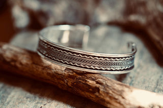 Silver Boho Cuff Bracelet, Textured Beaded Bracelet, Bohemian Jewellery Gift for Her
