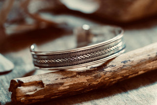 Silver Boho Cuff Bracelet, Textured Beaded Bracelet, Bohemian Jewellery Gift for Her
