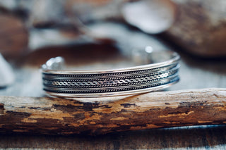 Silver Boho Cuff Bracelet, Textured Beaded Bracelet, Bohemian Jewellery Gift for Her