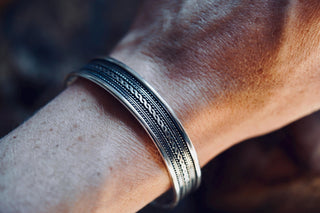 Silver Boho Cuff Bracelet, Textured Beaded Bracelet, Bohemian Jewellery Gift for Her