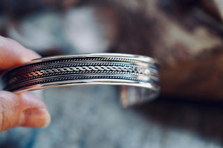 Silver Boho Cuff Bracelet, Textured Beaded Bracelet, Bohemian Jewellery Gift for Her