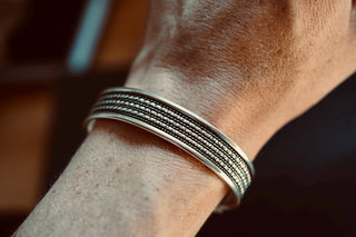 Silver Boho Cuff Bracelet, Textured Beaded Bracelet, Bohemian Jewellery Gift for Her